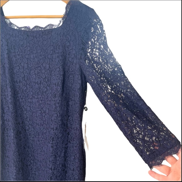 Adrianna Papell Navy Lace Long Sleeve Mini Dress | - Picture 4 of 8